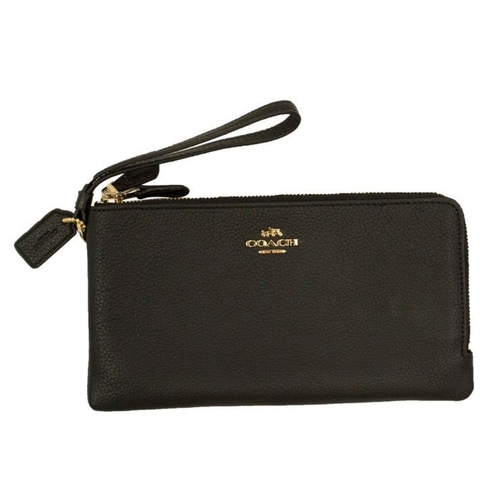 Coach Wristlet Corner Double Zip Pebble Leather Black Women's